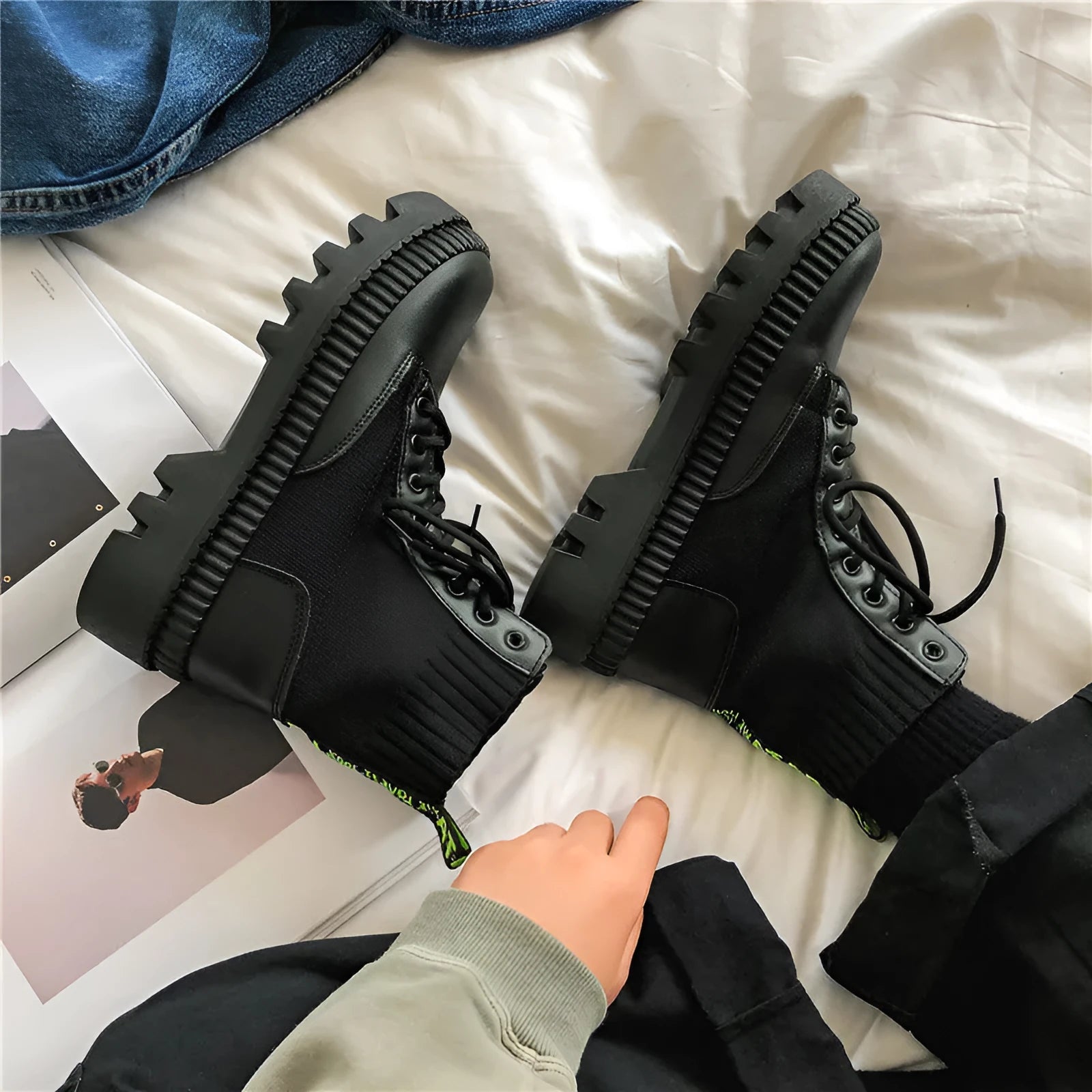 Men's black platform Doc Martens boots with rubber soles, cowhide frosted leather, high-top 8-hole design, and zipper closure.