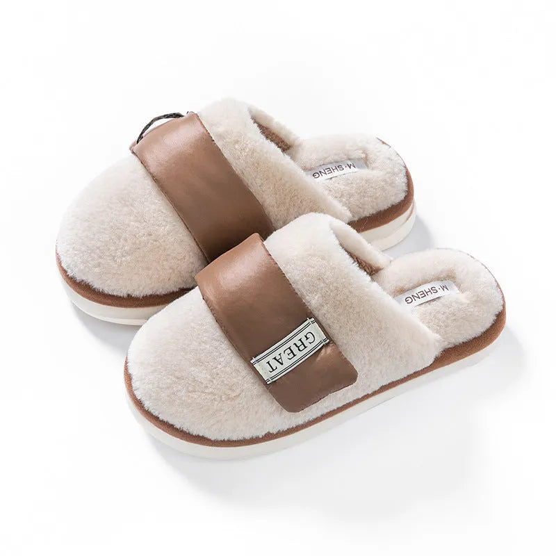Beige Velcro-fastening plush indoor slippers with round toe and non-slip plastic sole.