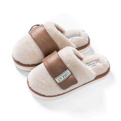 Beige Velcro-fastening plush indoor slippers with round toe and non-slip plastic sole.