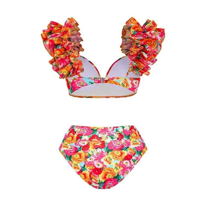 Women's floral push-up bikini set with high-waist briefs and split side design