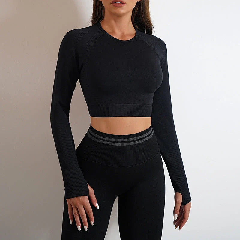 Seamless yoga leggings and long sleeve workout tops in various colors and styles