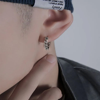 Men's geometric copper hip-hop earrings on a flat surface, showing 10mm and 14mm size options.