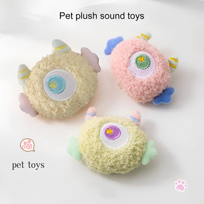 Plush cartoon dog chew toy with large eyes and squeaker in grey, green, pink, white or yellow