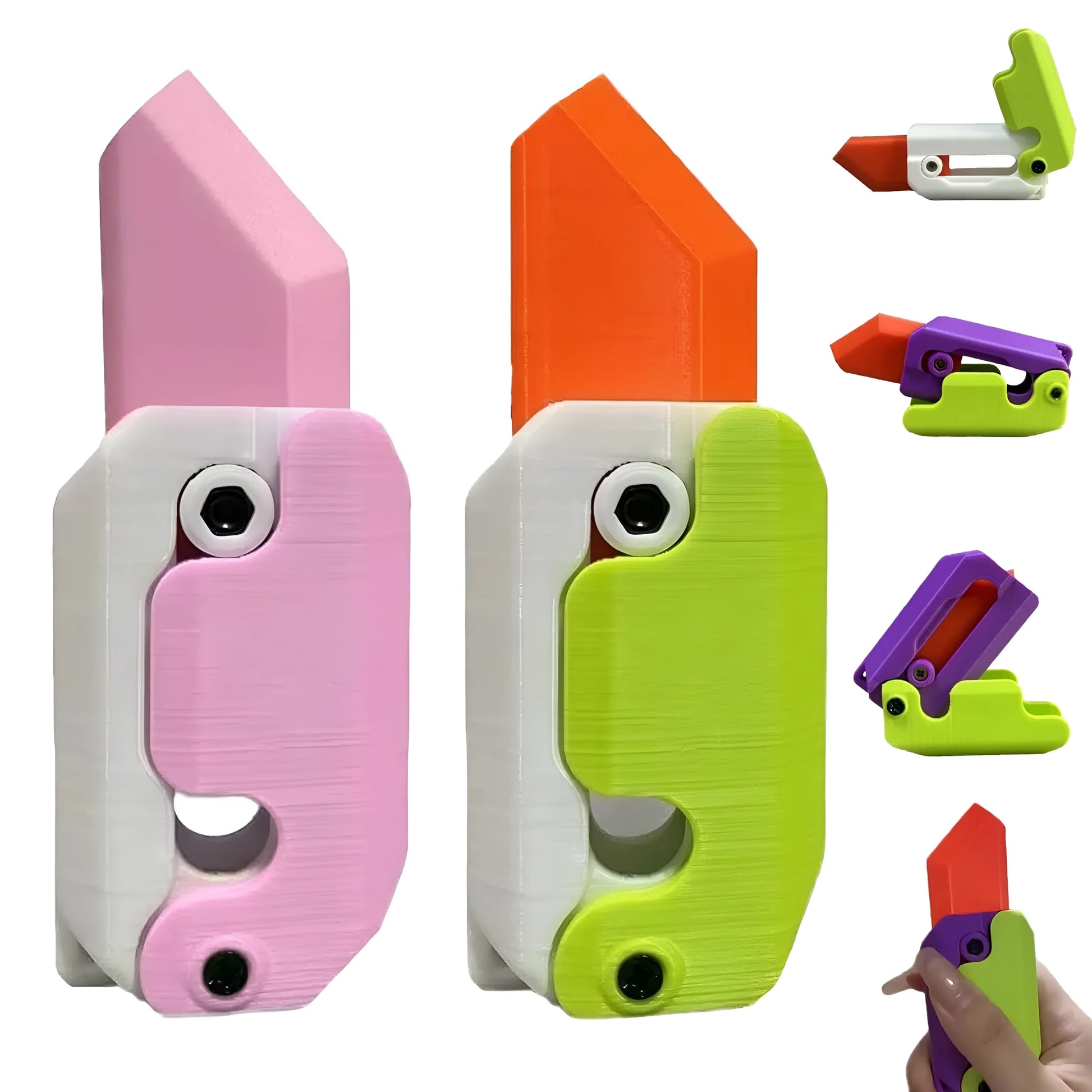 3D printed plastic carrot fidget knife with retractable blade, shown in orange and green colour scheme.