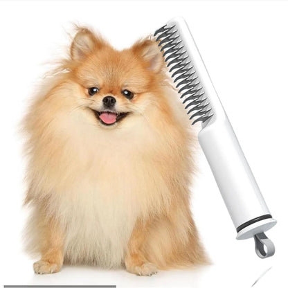 Pink and white stainless steel dematting comb for dogs on a plain background.