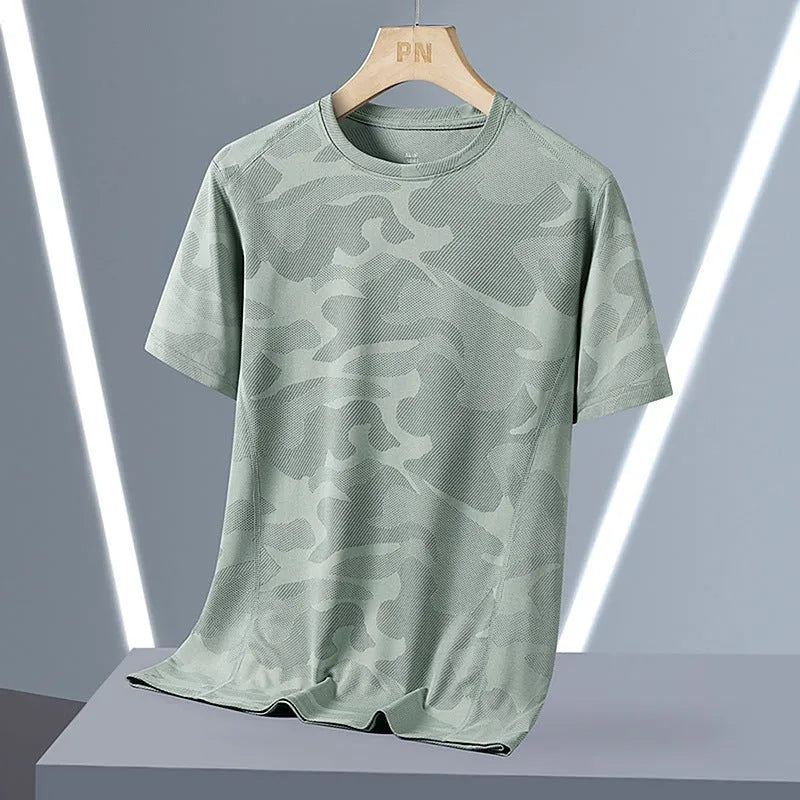 Men's camouflage pattern quick-dry summer top in nylon fabric with round neck and short sleeves