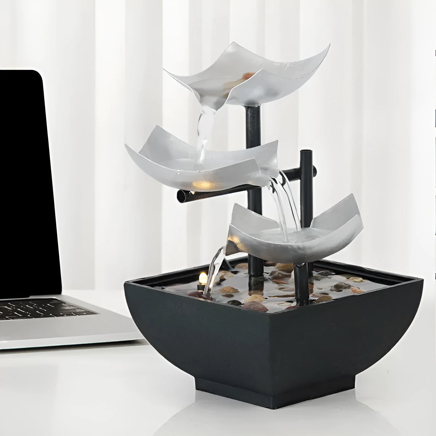 Handmade desktop water fountain ornament with flowing water display in modern minimalist style