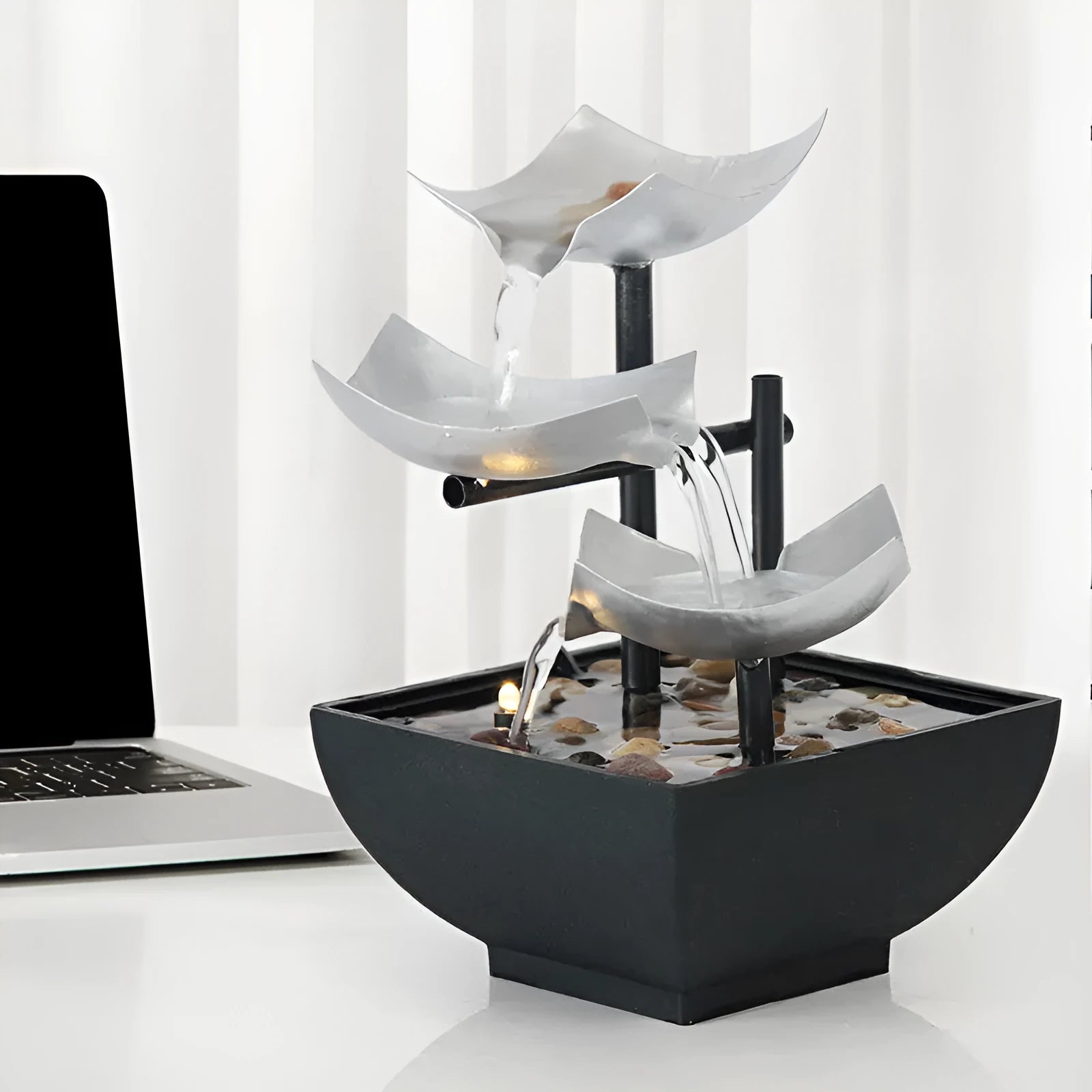 Handmade desktop water fountain ornament with flowing water display in modern minimalist style
