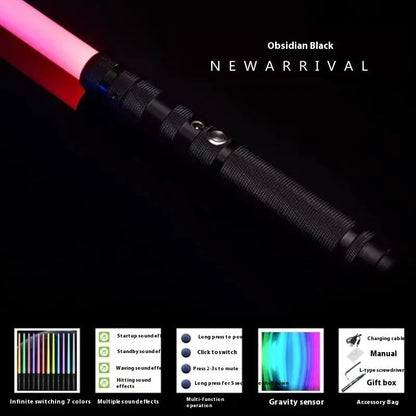 Metal rechargeable laser sword toy with gravity induction, 16 colour-changing lights, and 8 sound effects for children aged 7-14.