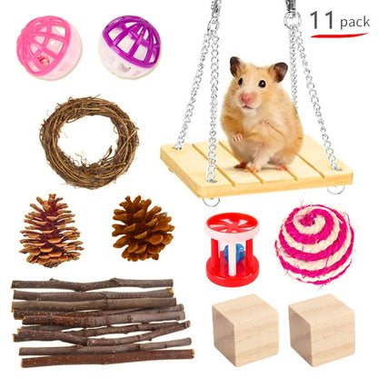Assorted natural wooden chew toys for small pets including balls, rings, and mats on a plain background.