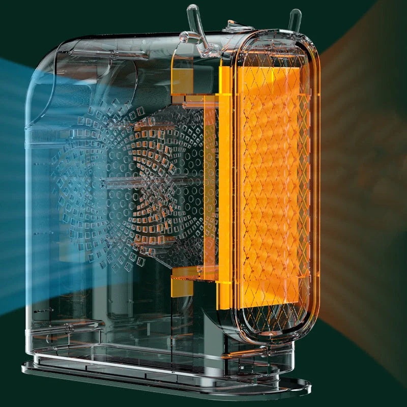 Compact desktop heater in white, green, and yellow for small space warming