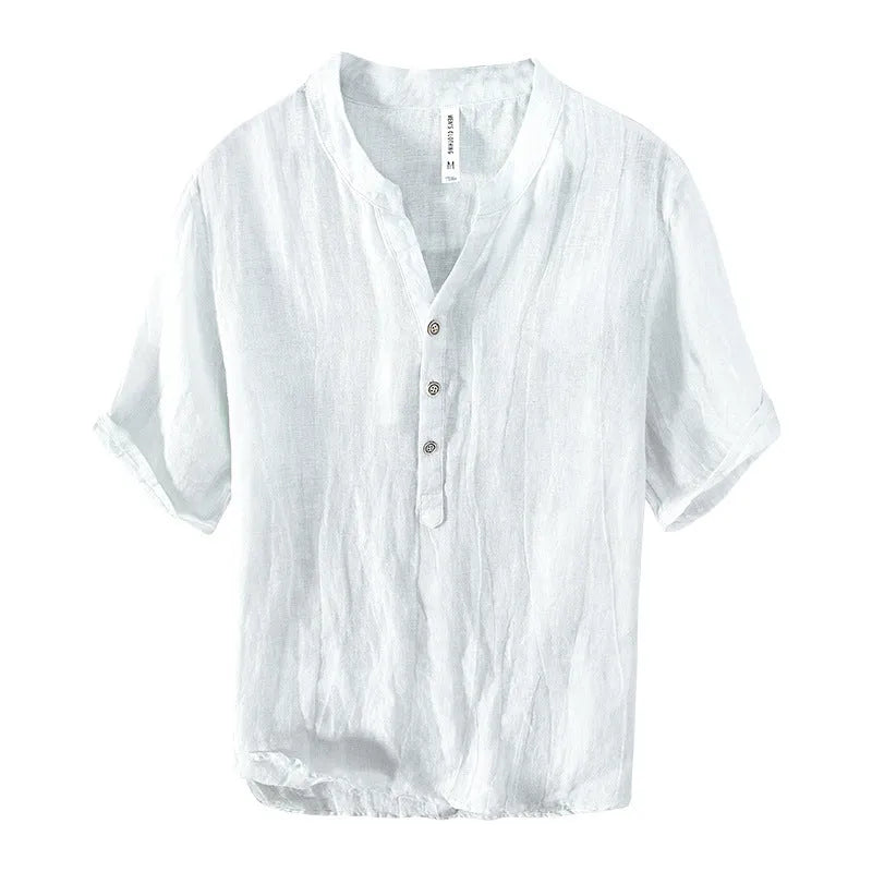 Linen pullover top in solid colour with short sleeves on hanger