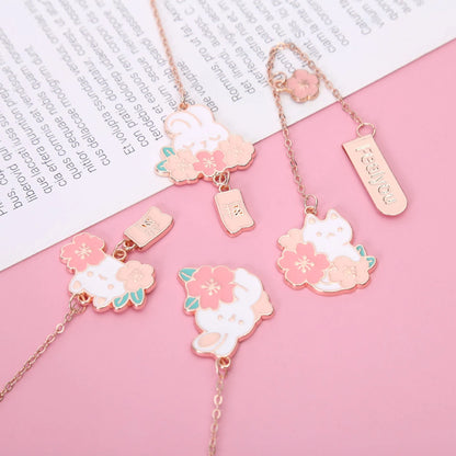 Metal bookmark holder with cartoon cherry blossom cat and rabbit designs