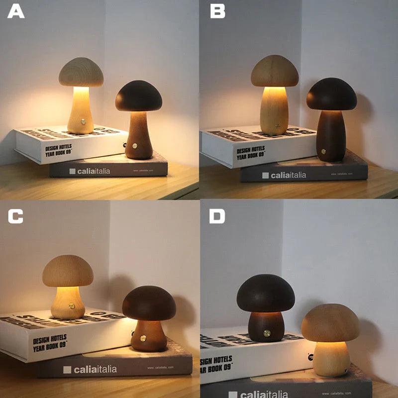 Charming wooden mushroom-shaped LED night light with touch control for bedroom, nursery, or living room decor