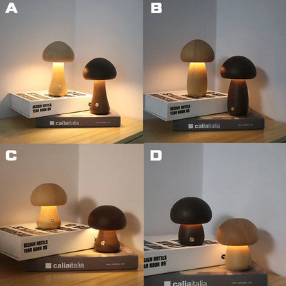 Charming wooden mushroom-shaped LED night light with touch control for bedroom, nursery, or living room decor