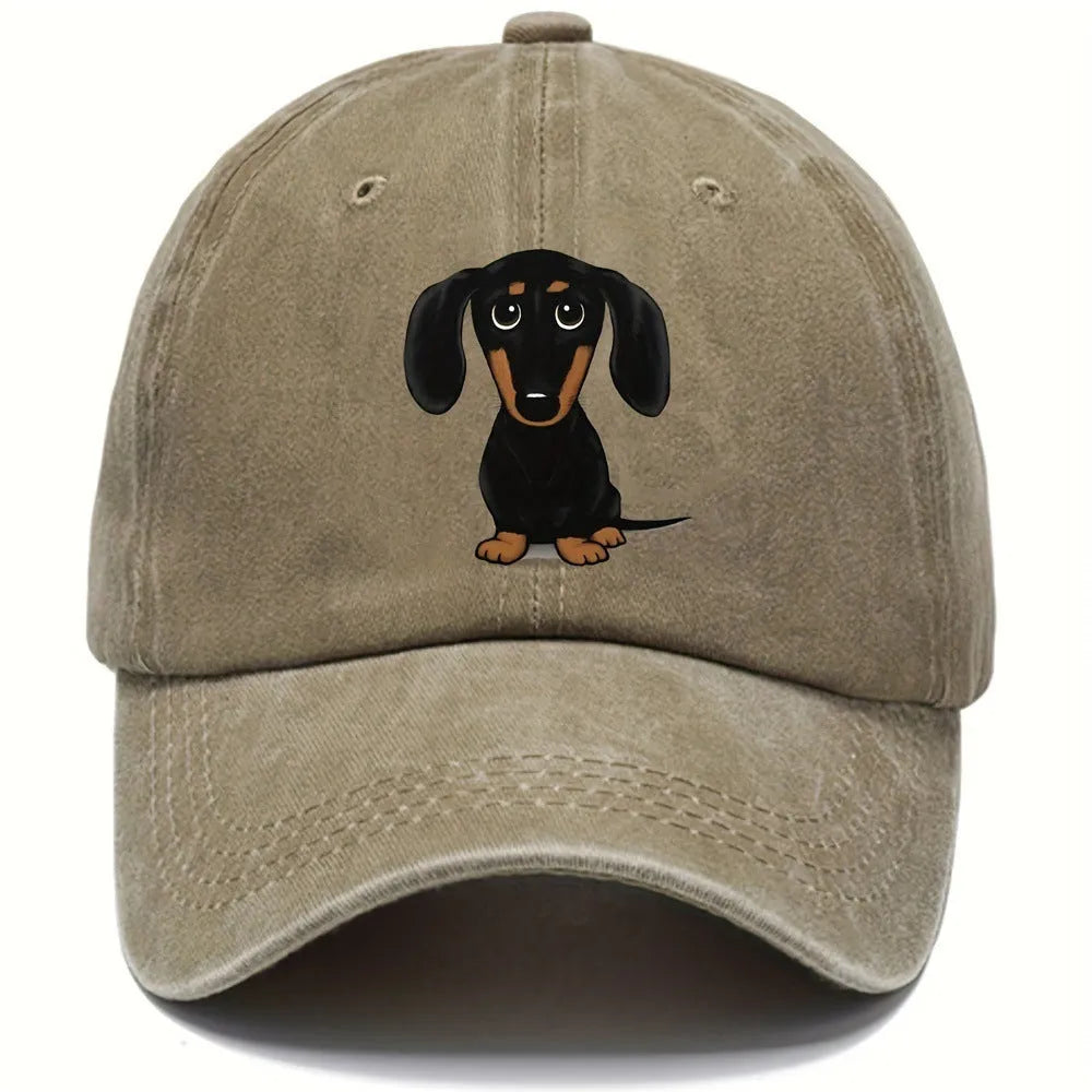Retro washed cotton baseball cap with an embroidered Dachshund dog print on the front.