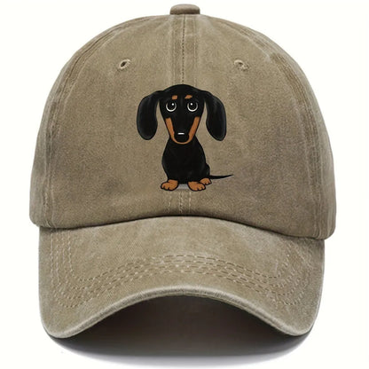 Retro washed cotton baseball cap with an embroidered Dachshund dog print on the front.