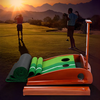 Indoor golf putting mat with solid wood frame, artificial grass surface, and dual-hole targets