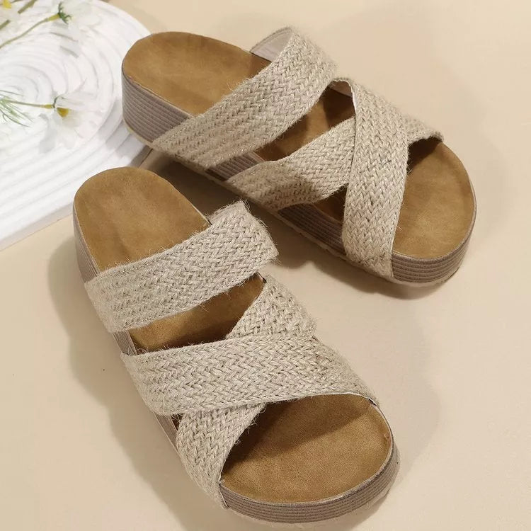 Women's woven cross-strap slippers in various colours, perfect for summer beach outings