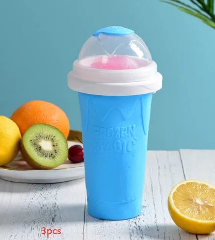 Smoothie cup in mint green or light pink with lid, straw spoon, and 201-300ml capacity for quick slush making