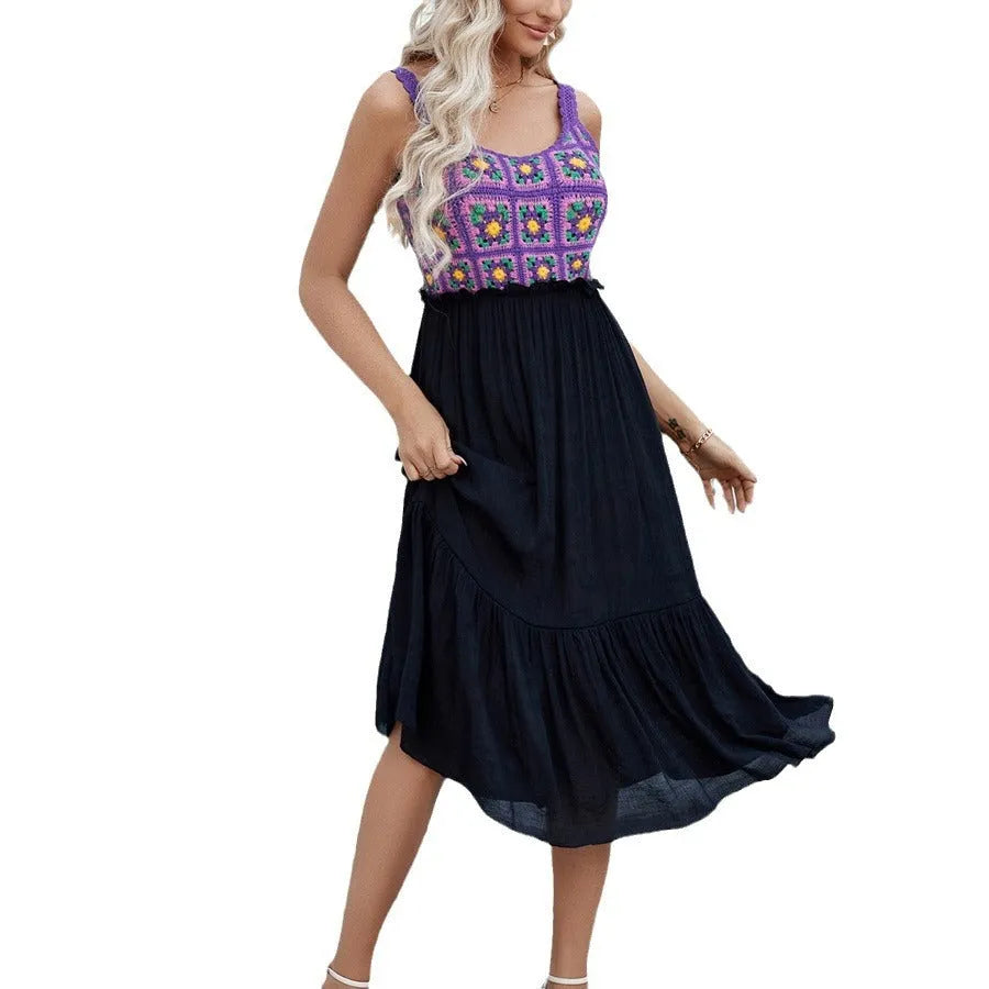 Purple sleeveless dress with hand-hooked floral stitching, cotton blend fabric, and free-size fit for women