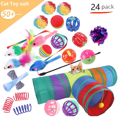 Plastic cat toy set with coloured tunnel channels and a ball for interactive indoor play.