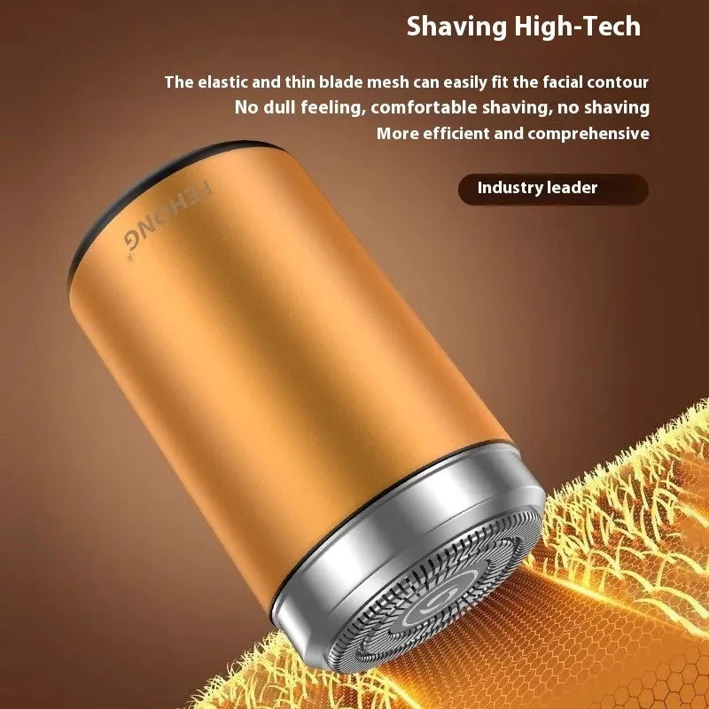 Mini gold and black men's electric shaver with washable design and low-noise brushless motor.