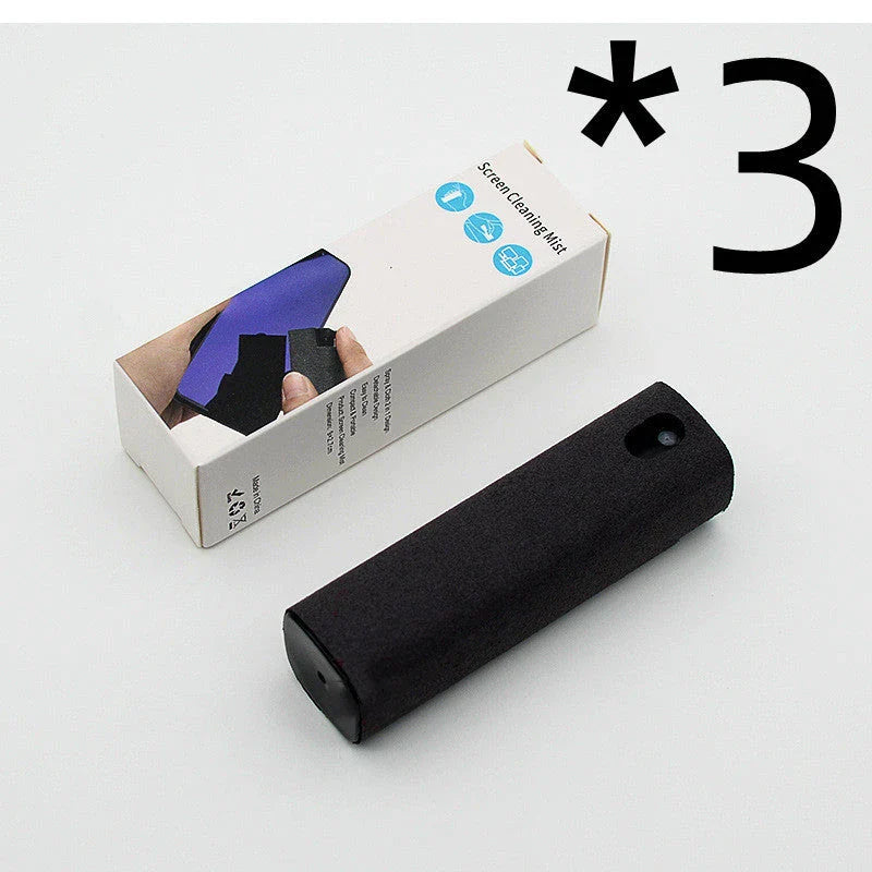 All-in-one screen cleaner with integrated spray bottle and microfiber wipe for cleaning smartphones, tablets, laptops, and other electronic devices