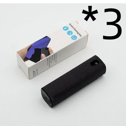 All-in-one screen cleaner with integrated spray bottle and microfiber wipe for cleaning smartphones, tablets, laptops, and other electronic devices