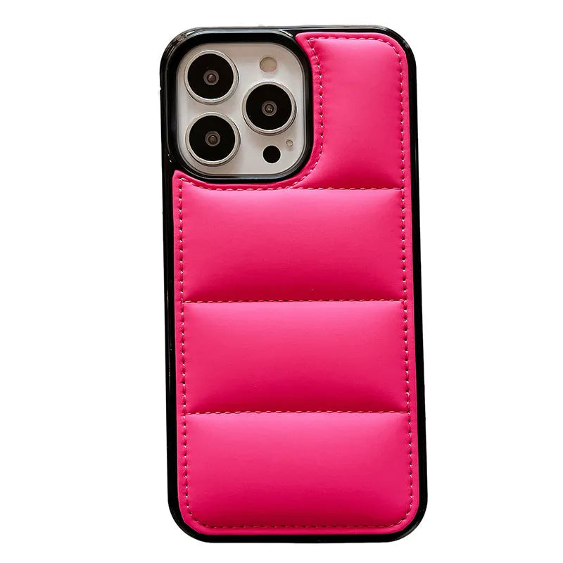 Candy down jacket texture phone case for iPhone in black, white, rose red, or green colours