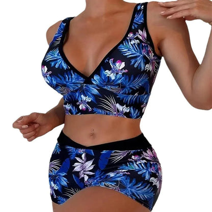 Women's two-piece swimsuit set showing sleeveless bikini top and printed boxer-style briefs in a multi-colour pattern.