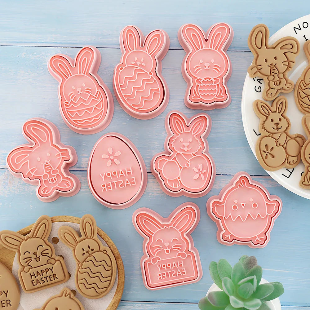8-piece plastic cartoon bunny and Easter egg biscuit molds, irregular shapes 6-10cm wide for easy dough pressing