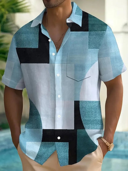 Men's retro geometric printed short sleeve cardigan shirt in loose fit style