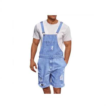 Men's ripped denim suspender shorts in straight-leg style with adjustable straps