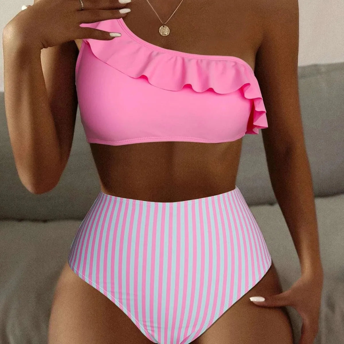 Women's striped split design bikini swimsuit in Army Green colour with V-neck sleeveless style
