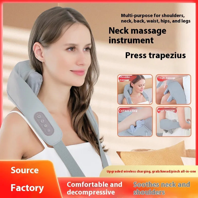 Grey elastic fabric USB rechargeable neck and back massage instrument