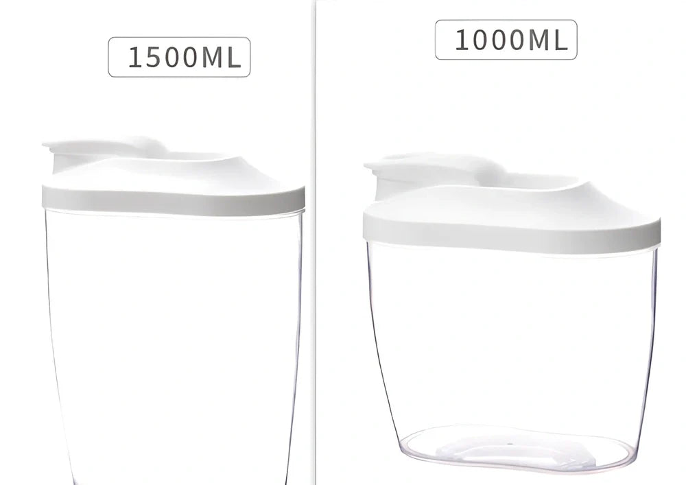 Clear plastic kitchen storage containers in 1000ml and 1500ml sizes for beans and grains