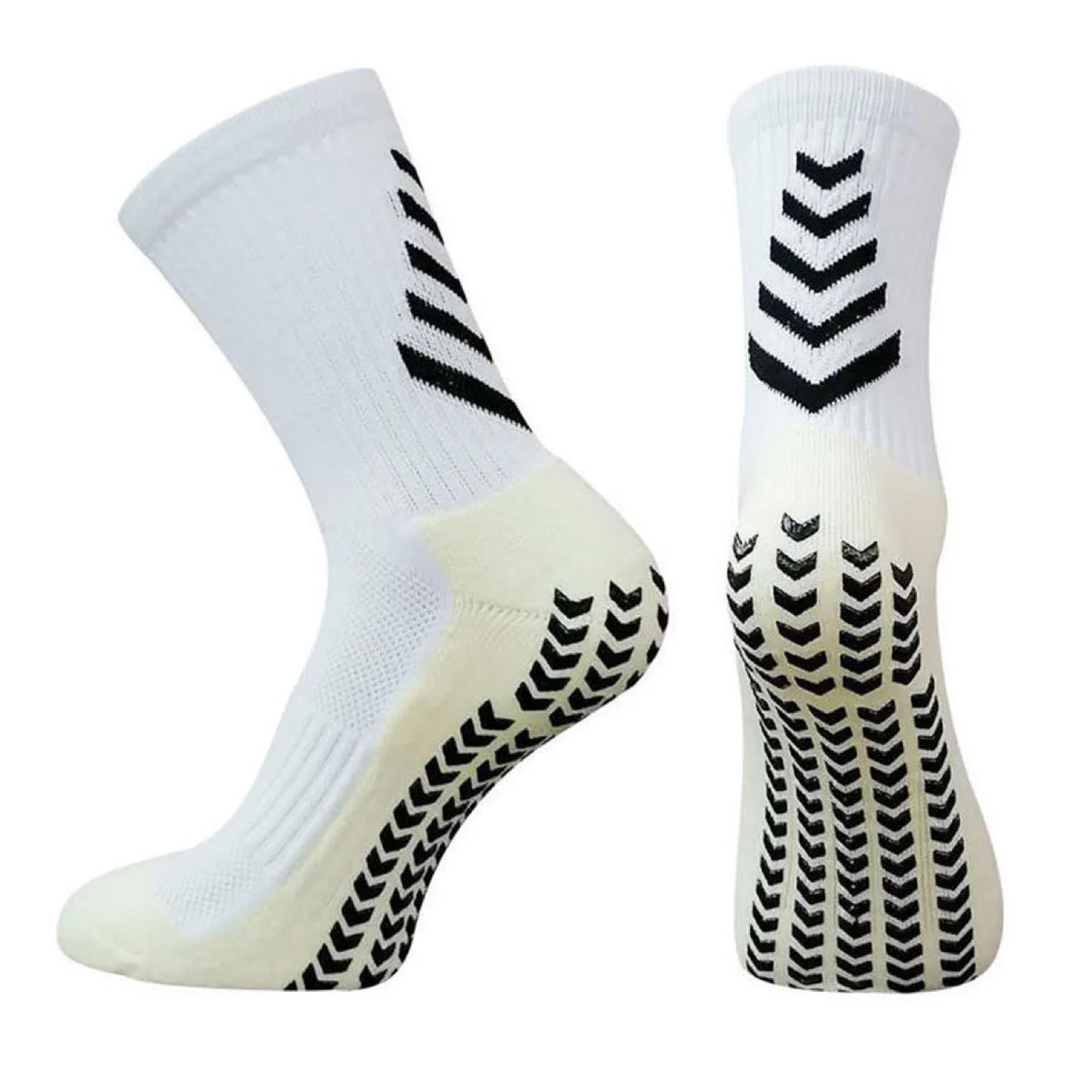 Men's mid-calf athletic football socks with geometric patterns and silicone grip sole