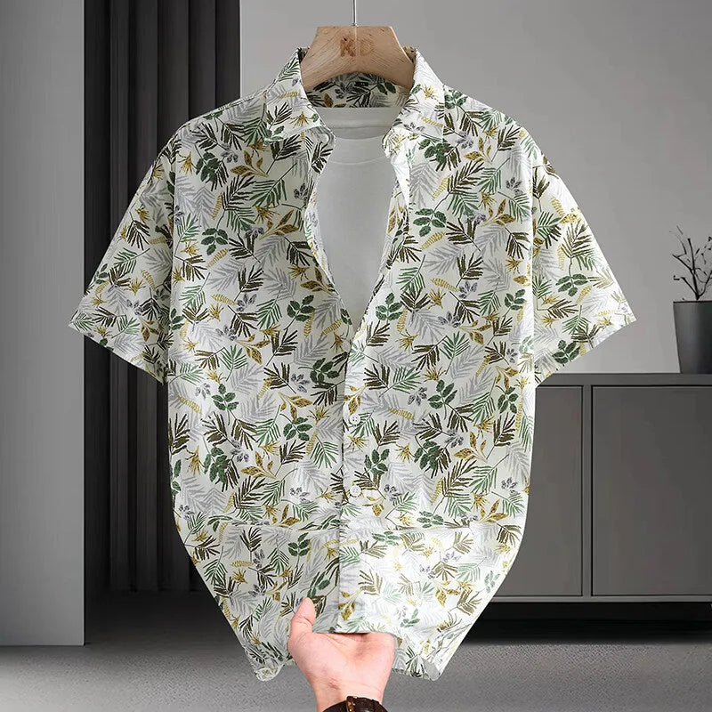 Men's Hawaiian floral print short sleeve cotton shirt in cardigan style