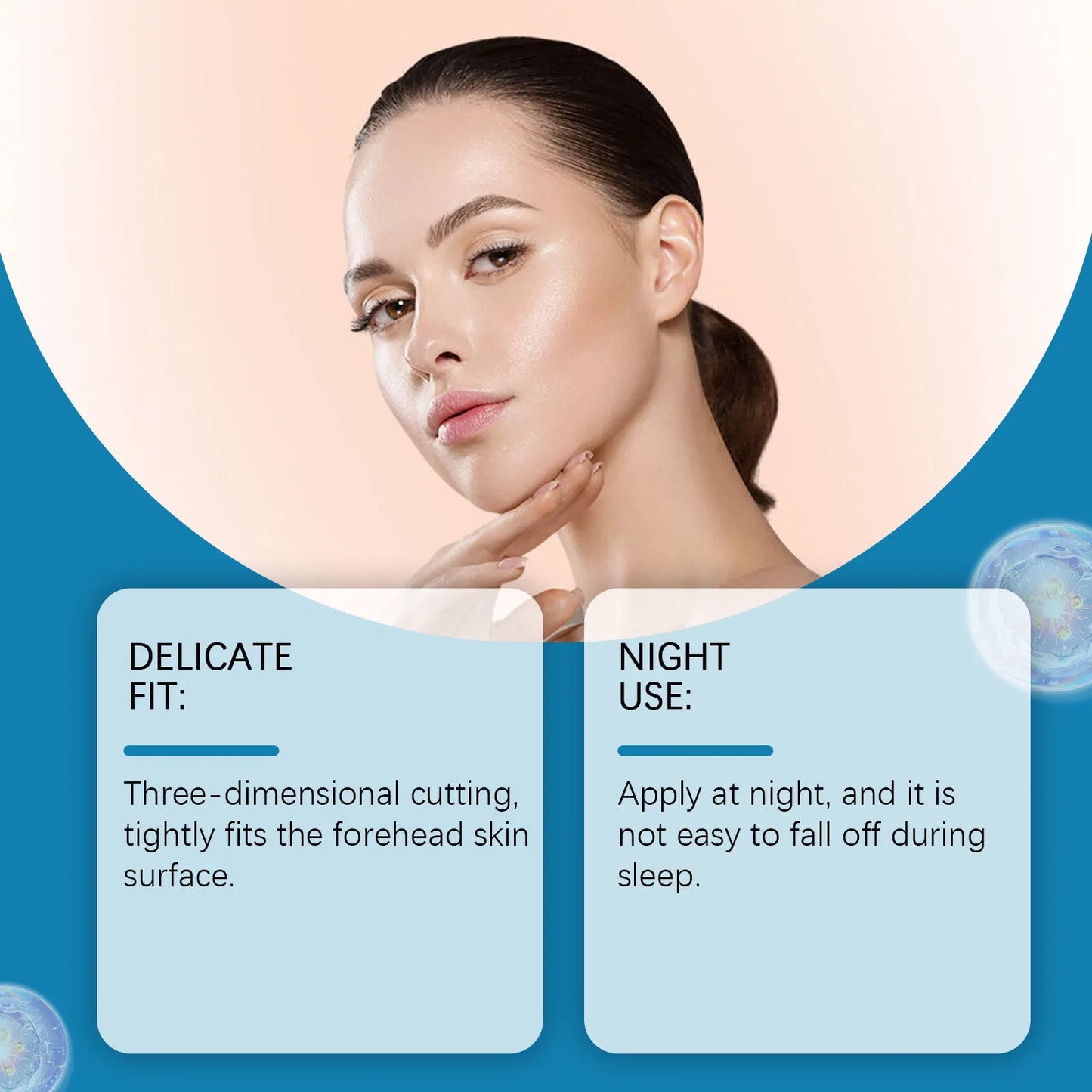 Pack of 5 single-use forehead moisturising patches on non-woven fabric.