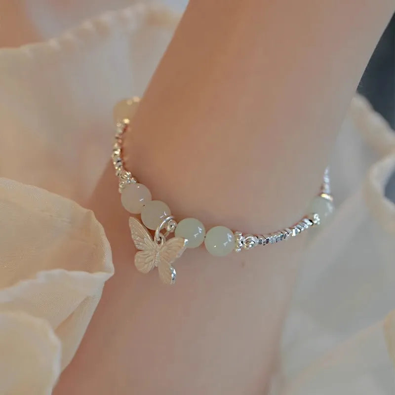 Women's butterfly bracelet and necklace jewellery set with electroplated silver finish