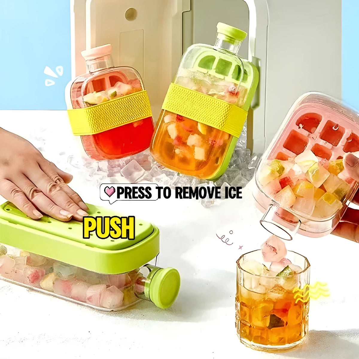 Portable instant ice maker cup in green colour with straw, showing one-click molding mechanism.
