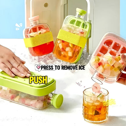 Portable instant ice maker cup in green colour with straw, showing one-click molding mechanism.