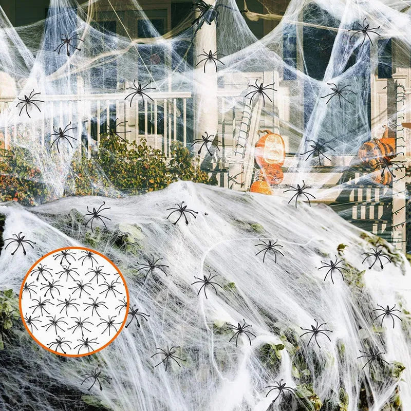 White cotton Halloween spider web decorations with multiple spiders in graduated weight options from 20g to 2000g
