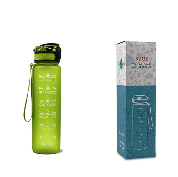 Blue and red gradient 1 litre Tritan sports water bottle with time markers and a flip-top lid.