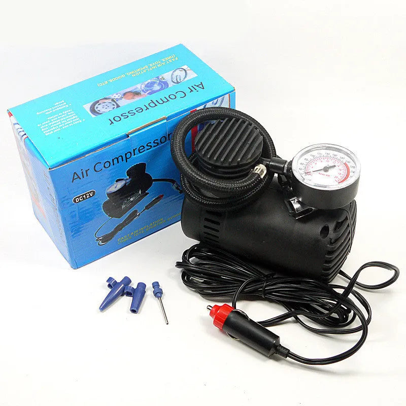 Black 12V mini car tyre air pump measuring 13.5x12x7cm with factory direct specifications