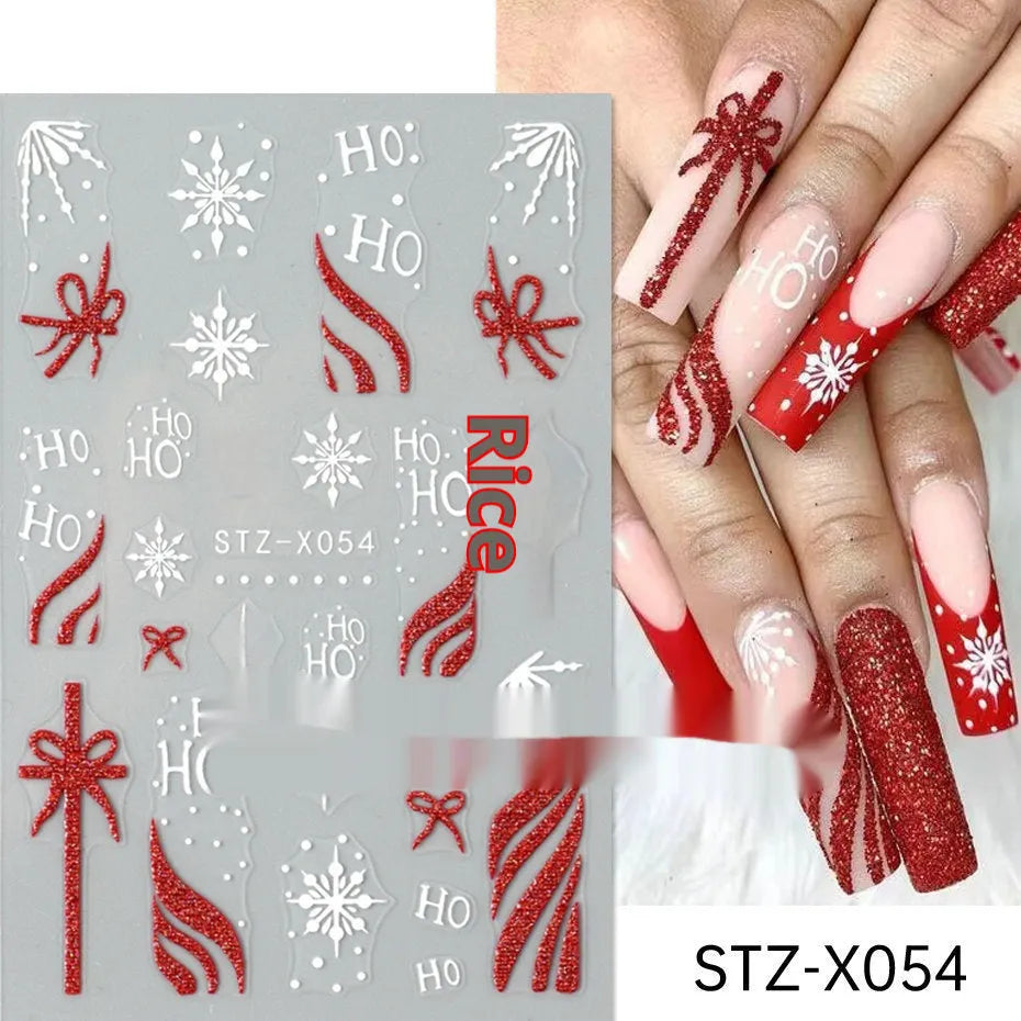 Assortment of black and silver nail sticker designs including cartoon and French tip patterns on a plastic sheet.