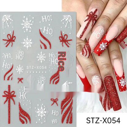 Assortment of black and silver nail sticker designs including cartoon and French tip patterns on a plastic sheet.