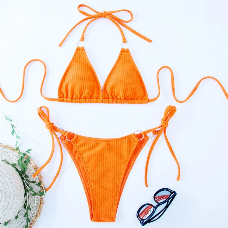Women's bandage style bikini set with side tie thong in various colours