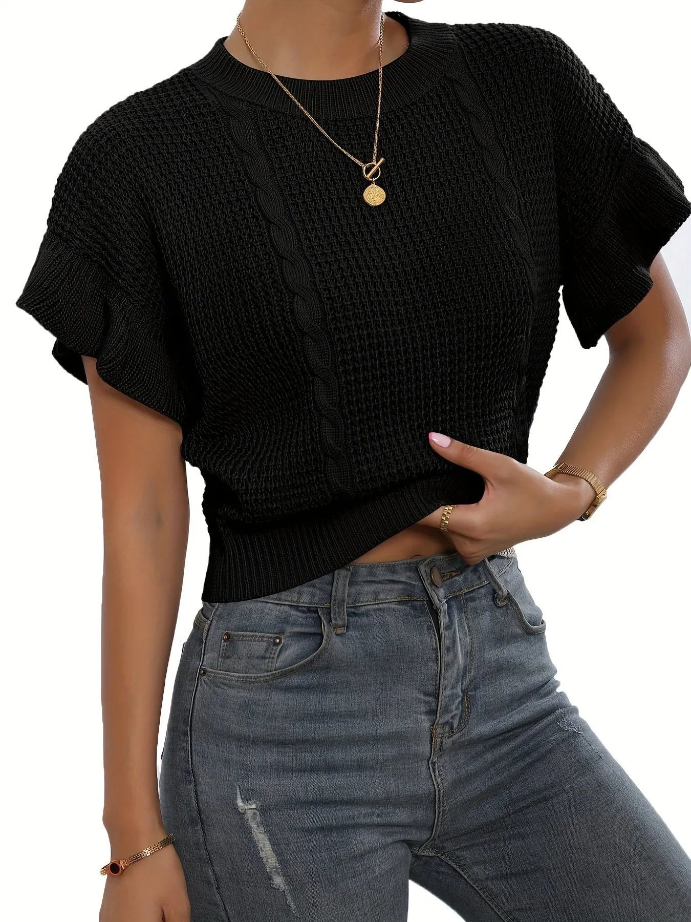 Loose round neck knitted pullover sweater with twisted string ruffled short sleeves in dark brown.